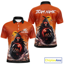 Load image into Gallery viewer, Front and back view custom orange grim reaper bowling polo shirt featuring a hooded grim reaper holding a glowing bowling ball, fiery smoke effect and sunset background, personalized with team name and player name