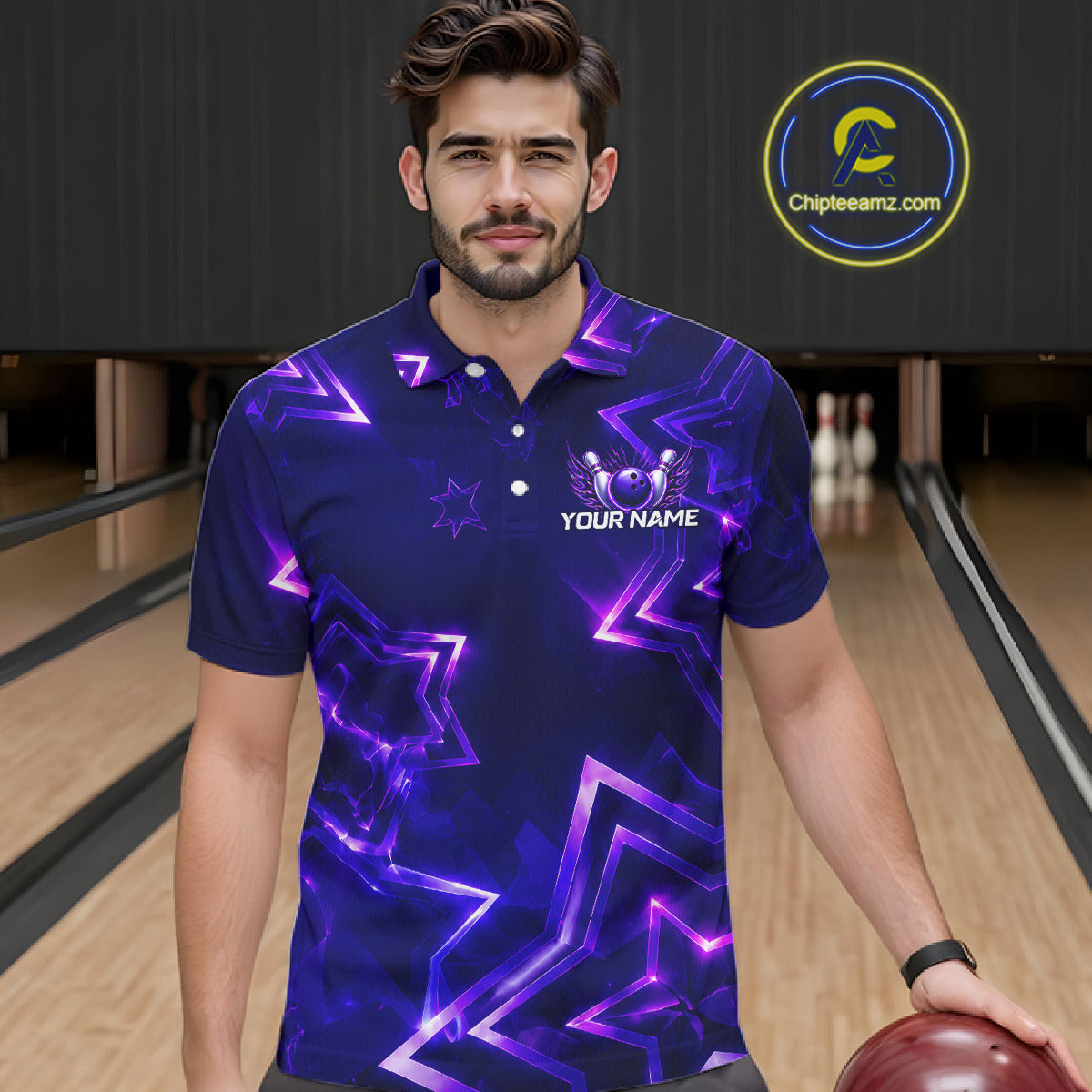 Custom Neon Purple Star Bowling Shirt for Men Bowling Jersey Polo & Quarter-Zip QZT1025