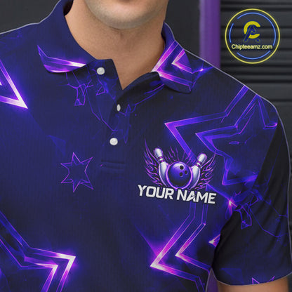 Custom Neon Purple Star Bowling Shirt for Men Bowling Jersey Polo & Quarter-Zip QZT1025