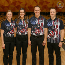 Load image into Gallery viewer, Four people wearing matching bowling shirts in a bowling alley.