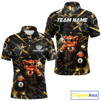 Custom Black & Gold Billiard Shirt Funny Pig 8 Ball Pool Team Jersey for Men Polo & 1/4 Zip BHT108