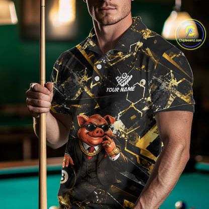 Custom Black & Gold Billiard Shirt Funny Pig 8 Ball Pool Team Jersey for Men Polo & 1/4 Zip BHT108