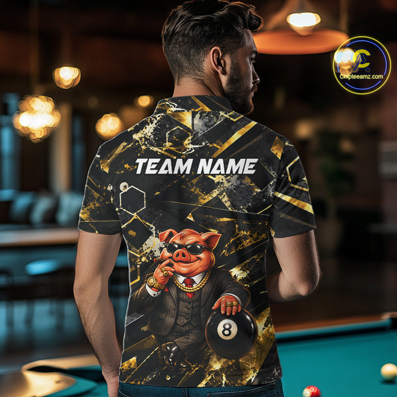 Custom Black & Gold Billiard Shirt Funny Pig 8 Ball Pool Team Jersey for Men Polo & 1/4 Zip BHT108