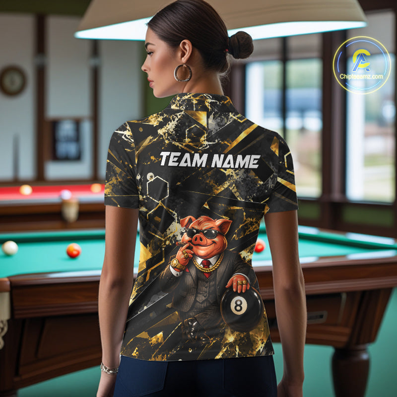 Custom Black & Gold Billiard Shirt Funny Pig 8 Ball Pool Team Jersey for Women Polo & 1/4 Zip BHT108