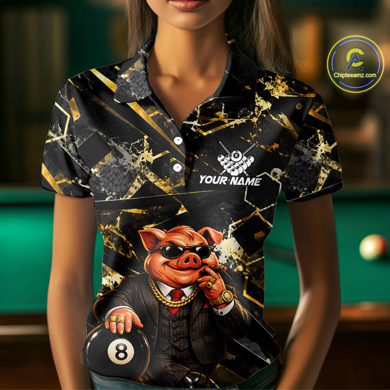 Custom Black & Gold Billiard Shirt Funny Pig 8 Ball Pool Team Jersey for Women Polo & 1/4 Zip BHT108