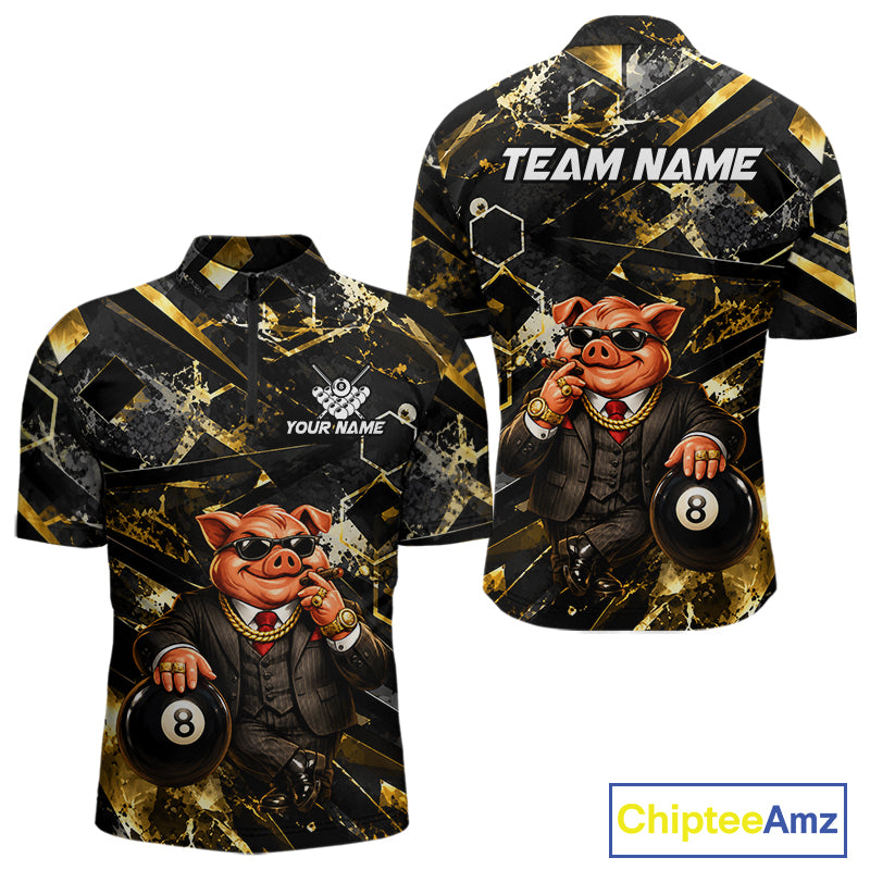 Custom Black & Gold Billiard Shirt Funny Pig 8 Ball Pool Team Jersey for Men Polo & 1/4 Zip BHT108