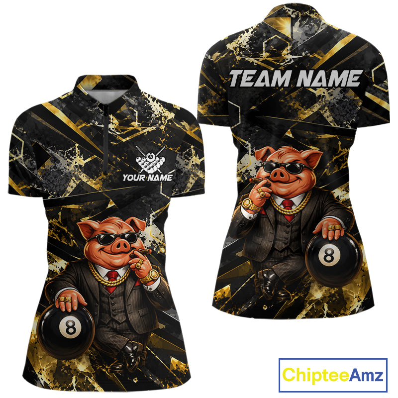 Custom Black & Gold Billiard Shirt Funny Pig 8 Ball Pool Team Jersey for Women Polo & 1/4 Zip BHT108
