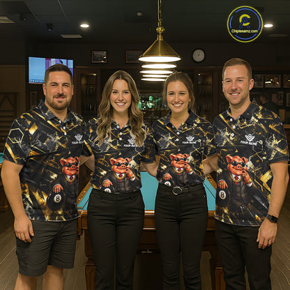 Custom Black & Gold Billiard Shirt Funny Pig 8 Ball Pool Team Jersey for Men Polo & 1/4 Zip BHT108