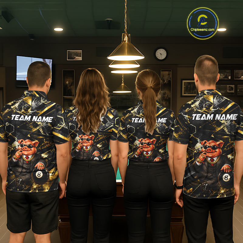 Custom Black & Gold Billiard Shirt Funny Pig 8 Ball Pool Team Jersey for Men Polo & 1/4 Zip BHT108