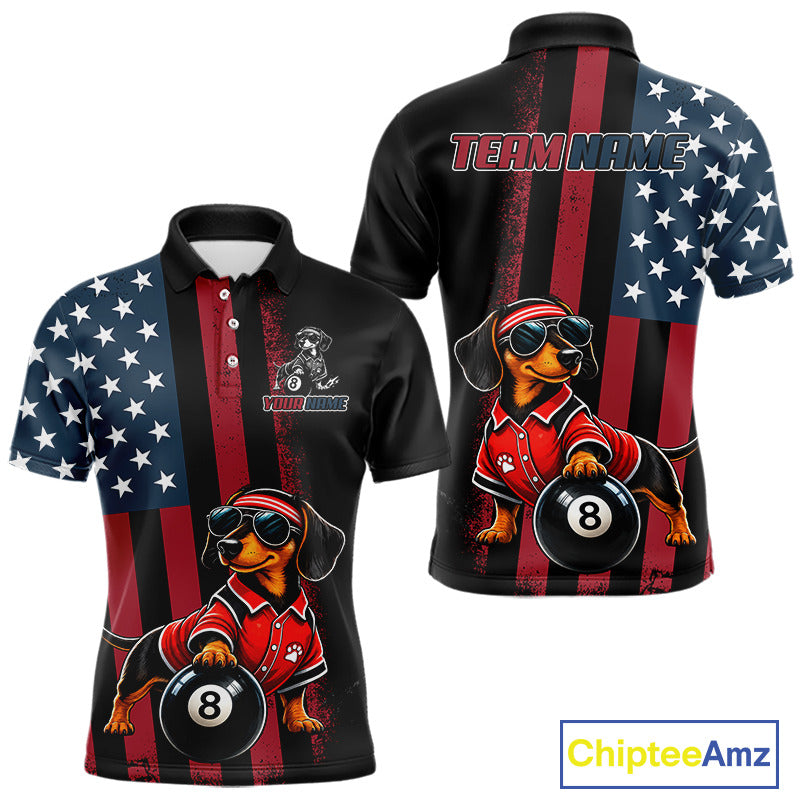 Custom short-sleeve polo shirt shown from the front and back, featuring a black base with red and navy distressed vertical stripes, an American flag star pattern on the sleeves, and a large graphic of a dachshund wearing a red polo and holding an 8-ball. The back has 'TEAM NAME' placeholder text.