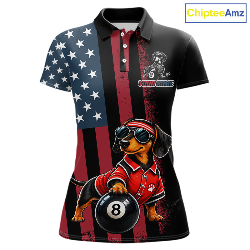 A women's short-sleeve polo shirt with a patriotic American flag design in red, white, and blue, featuring a cartoon dachshund wearing sunglasses and a red polo shirt holding a black 8-ball. The shirt has a black collar and buttons, and a 'ChipteeAmz' logo is visible in the top right corner.