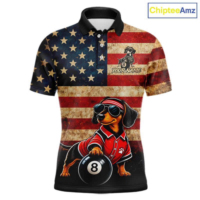A short-sleeve polo shirt with a distressed American flag design in red, blue, and beige, featuring a dachshund wearing a red polo and sunglasses while holding an 8-ball. The shirt has a black collar and cuffs, and a 'ChipteeAmz' logo is visible in the top right corner.