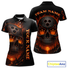 Load image into Gallery viewer, Black polo shirt with fiery skull design on front and back, customizable text.