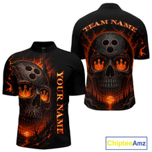 Load image into Gallery viewer, Black shirt with fiery skull design and customizable text on a white background