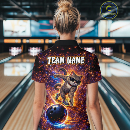 Custom Galaxy Funny Cat Bowling Shirt for Women Bowling League Jersey Polo & Quarter-Zip Bowling Outfit QZT917