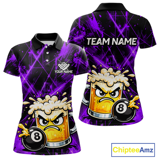 Custom Purple Funny Beer Billiard Shirt for Women Billiard Jersey 8 Ball Pool Shirt Outfit BHT23