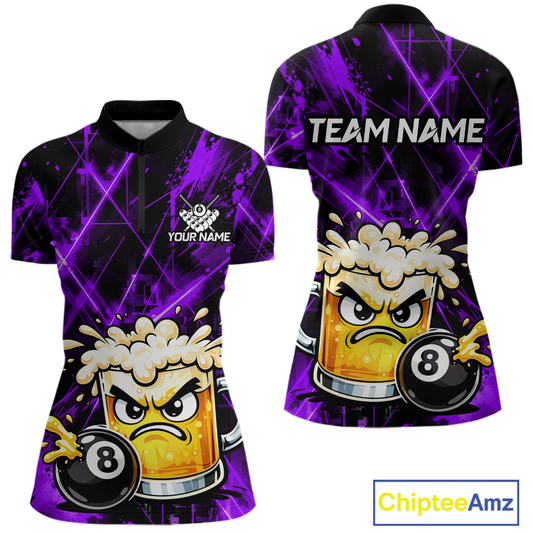 Custom Purple Funny Beer Billiard Shirt for Women Billiard Jersey 8 Ball Pool Shirt Outfit BHT23