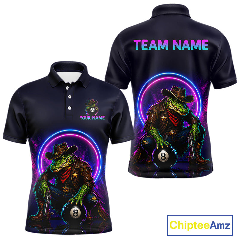 Black polo shirt with a colorful design of a crocodile in a cowboy hat and suit, holding an 8-ball, on a white background. 'Chiptee Amz' brand visible.