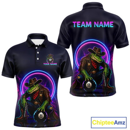 Black polo shirt with a colorful design of a crocodile in a cowboy hat and suit, holding an 8-ball, on a white background. 'Chiptee Amz' brand visible.