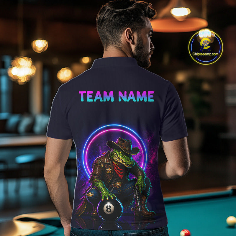 Man wearing a dark blue shirt with a colorful graphic and 'TEAM NAME' text, standing in a pool hall.