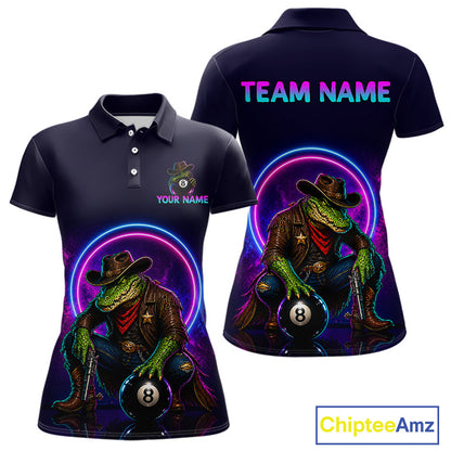 Black polo shirt with a colorful design of a crocodile in a cowboy outfit, holding an 8-ball, on a white background. 'Chiptee Amz' brand visible.
