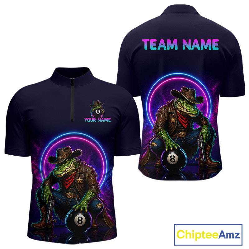 Navy blue shirt with a colorful design of a crocodile cowboy and 8-ball, with 'Team Name' and 'Your Name' text on the back.