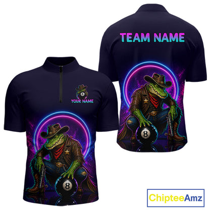 Navy blue shirt with a colorful design of a crocodile cowboy and 8-ball, with 'Team Name' and 'Your Name' text on the back.