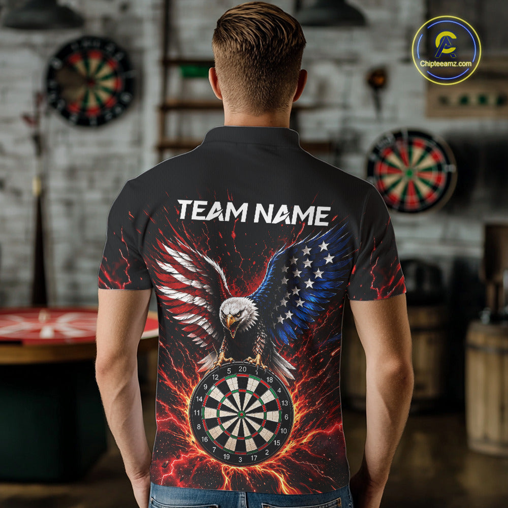 Back view of a man wearing a custom patriotic eagle dart polo with personalized team name and a bald eagle, an American flag, and a flaming dartboard in a professional dart room.