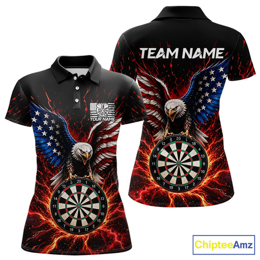 Front and back view of a custom patriotic eagle dart polo shirt featuring a bald eagle, an American flag, and a flaming dartboard, personalized team name and player name.