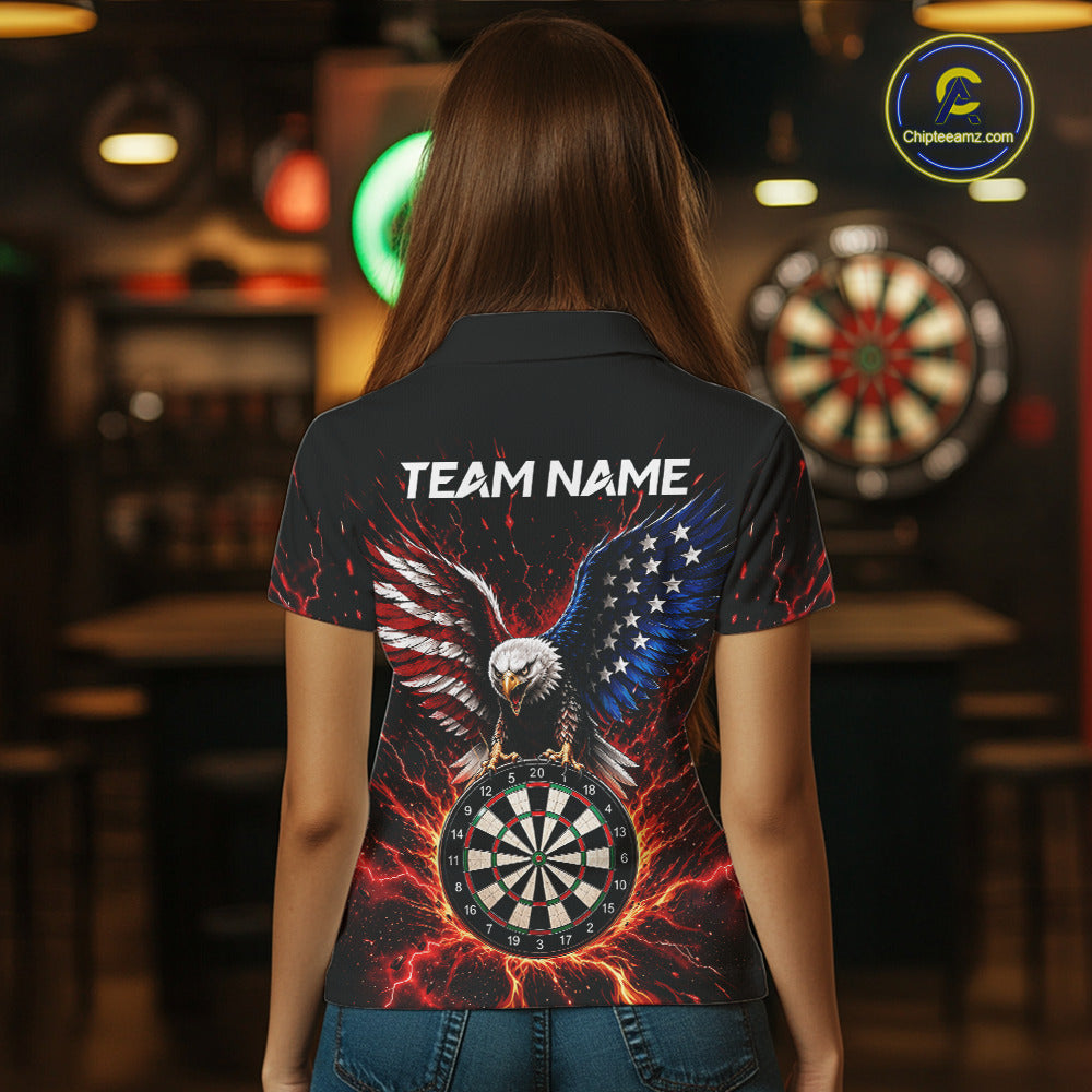 Back view of a a woman wearing a custom patriotic eagle dart polo with personalized team name and a bald eagle, an American flag, and a flaming dartboard in a professional dart room.