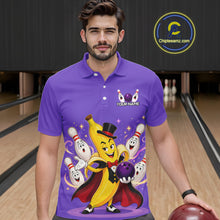 Load image into Gallery viewer, Man wearing a purple bowling-themed shirt with cartoon characters in a bowling alley.