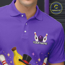 Load image into Gallery viewer, Purple polo shirt with cartoon bowling design and customizable text on a dark background