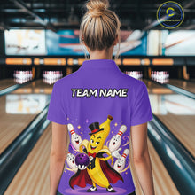 Load image into Gallery viewer, Person wearing a purple bowling shirt with cartoon character design and 'TEAM NAME' text in a bowling alley.