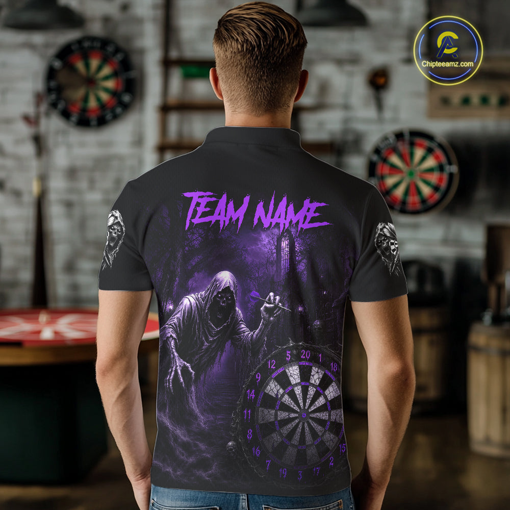 Custom Purple Dart Polo Shirt for Men Grim Reaper Throwing Darts Dark Gothic Dart Jersey DHT55