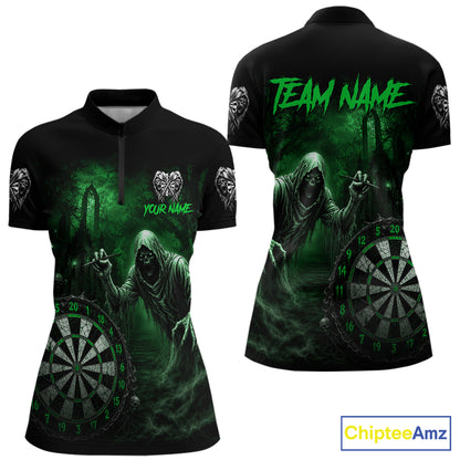 Custom Green Dart Polo Shirt for Women Grim Reaper Throwing Darts Dark Gothic Dart Jersey DHT55