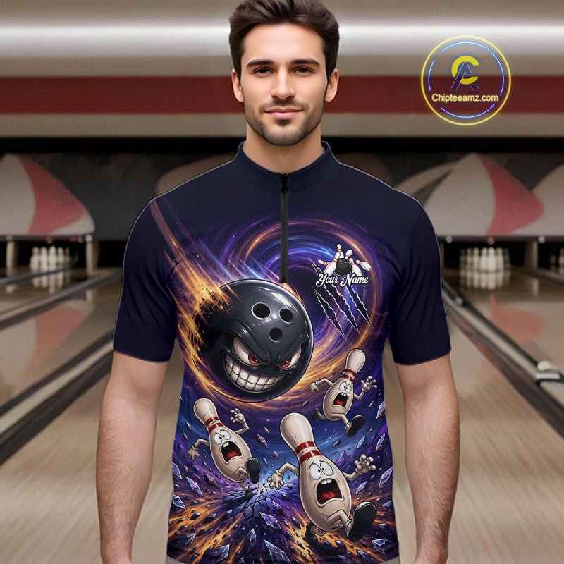 Custom Evil Bowling Ball & Funny Bowling Pins Bowling Shirt for Men Bowling Team Jersey Polo & 1/4 Zip QZT1221