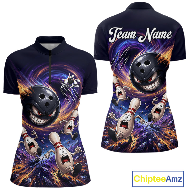 Custom Evil Bowling Ball & Funny Bowling Pins Bowling Shirt for Women Bowling Team Jersey Polo & 1/4 Zip QZT1221