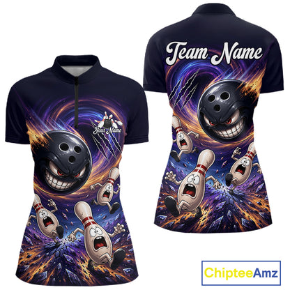 Custom Evil Bowling Ball & Funny Bowling Pins Bowling Shirt for Women Bowling Team Jersey Polo & 1/4 Zip QZT1221