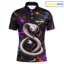 Load image into Gallery viewer, Polo shirt with snake design and colorful splashes on a black background, branded 'ChipteeAmz'.