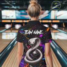 Load image into Gallery viewer, Person wearing a colorful bowling shirt with a snake design and 'TEAM NAME' text in a bowling alley.