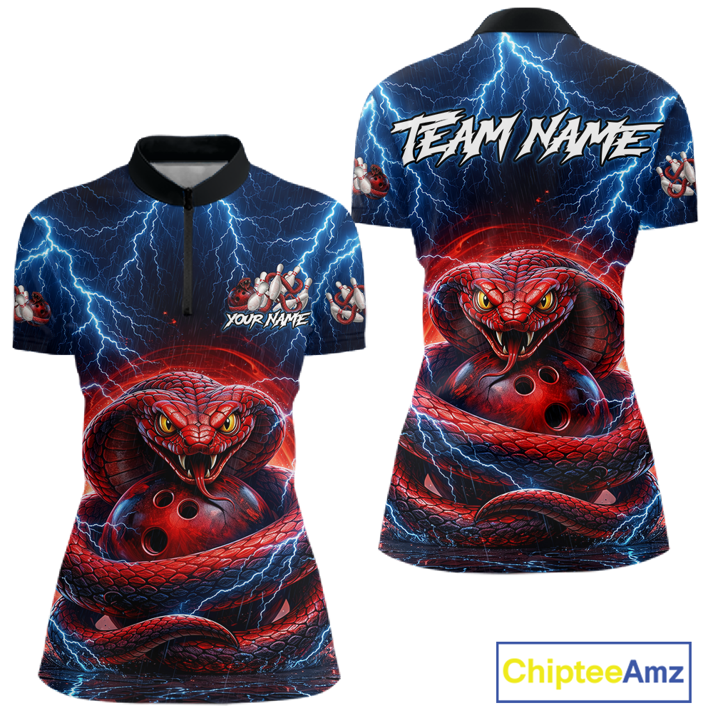 Blue Lightning Thunder Red Snake Bowling Shirt for Women Custom Bowling Team Jersey Bowling Outfit QZT994