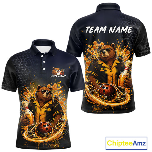 Custom black & gold bear bee & beer bowling polo shirt, front and back views, bowling league jersey for men