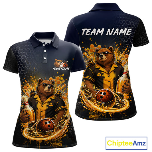 Custom black & gold bear bee & beer bowling polo shirt, front and back views, bowling league jersey for women