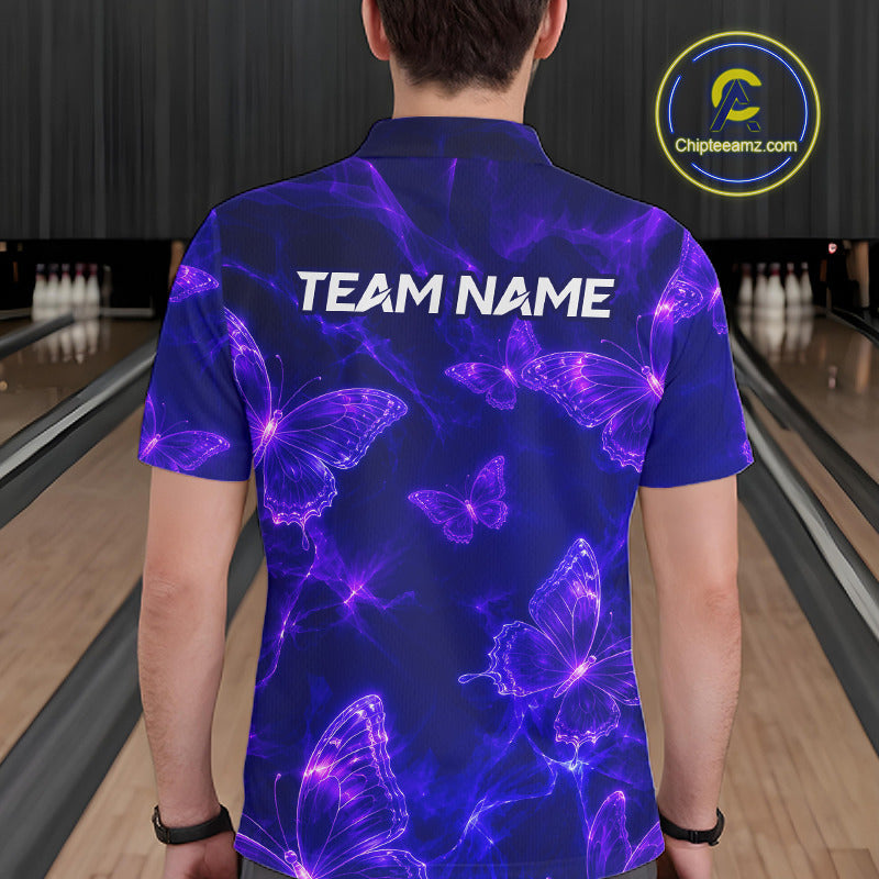 A man viewed from behind wearing a short-sleeve collared shirt with a purple and blue neon butterfly pattern and the text 'TEAM NAME' printed across the back. Bowling alley lanes are visible in the background, and a circular 'Chipteeamz' logo watermark appears in the top right.