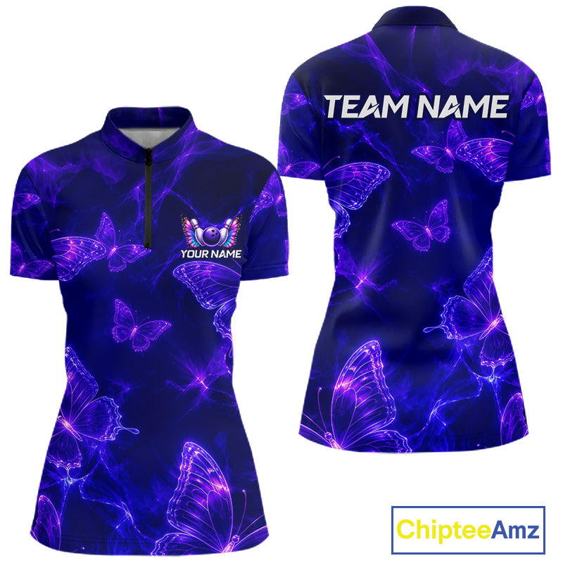 Front and back views of a women's short-sleeve polo shirt with a dark blue and purple butterfly print, featuring customizable text on the chest and back, shown on a white background 