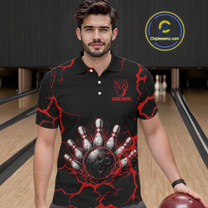 Custom Black & Red Thunder Bowling Shirt for Men Bowling Team Jersey Polo & Quarter-Zip QZT1230