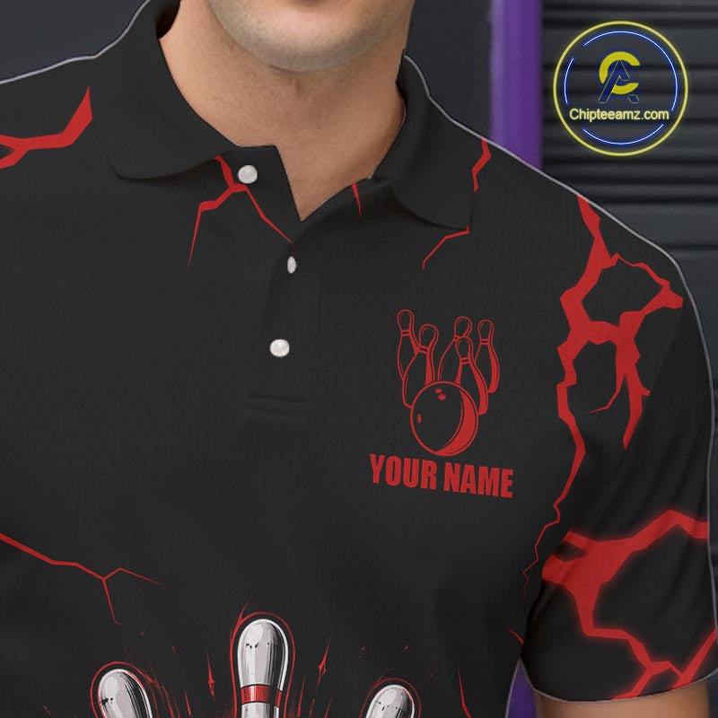 Custom Black & Red Thunder Bowling Shirt for Men Bowling Team Jersey Polo & Quarter-Zip QZT1230
