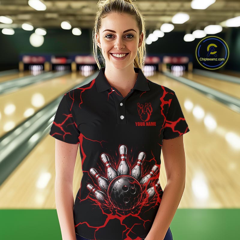 Custom Black & Red Thunder Bowling Shirt for Women Bowling Team Jersey Polo & Quarter-Zip QZT1230