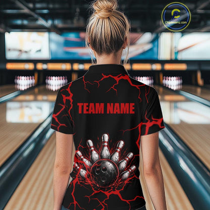 Custom Black & Red Thunder Bowling Shirt for Women Bowling Team Jersey Polo & Quarter-Zip QZT1230