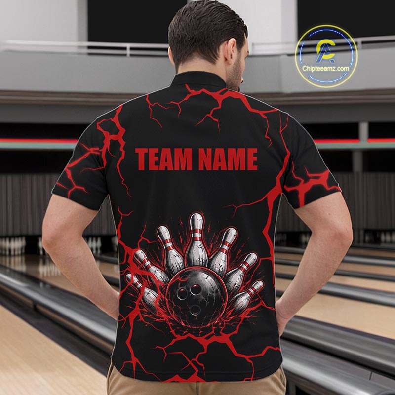 Custom Black & Red Thunder Bowling Shirt for Men Bowling Team Jersey Polo & Quarter-Zip QZT1230